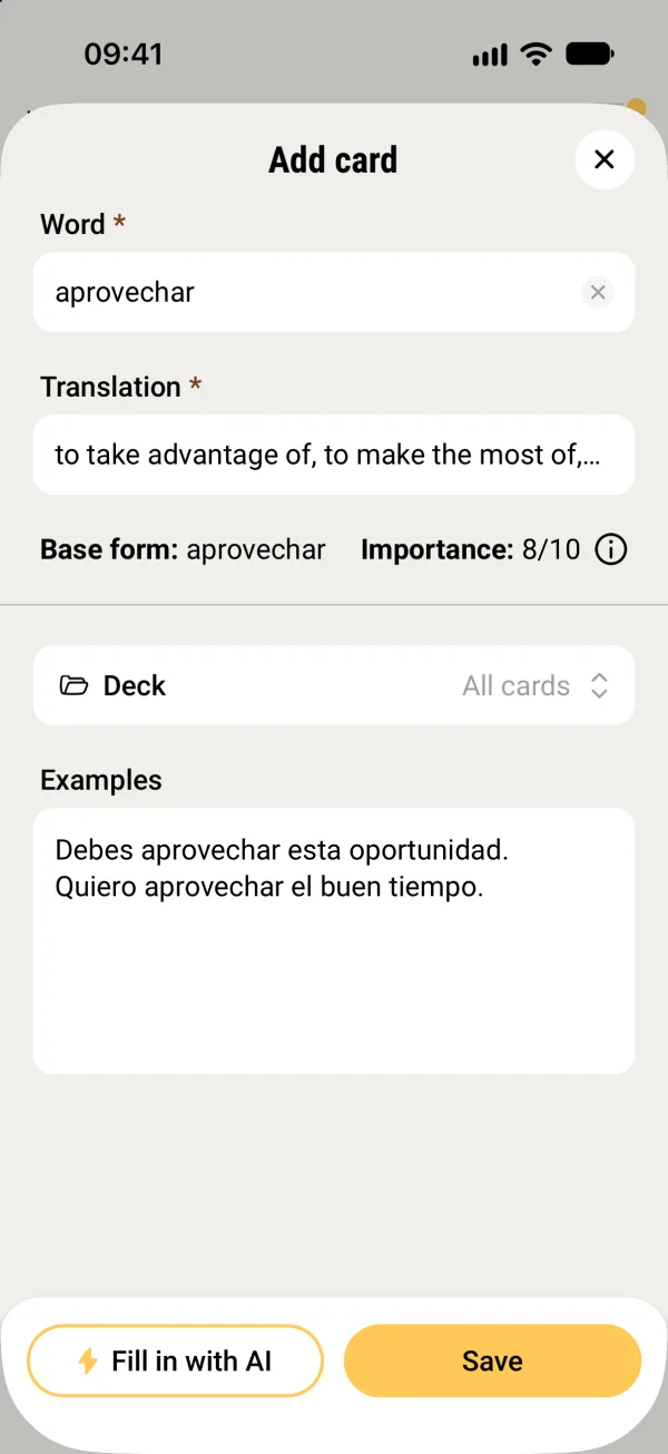 Repi Add card screen with the word aprovechar, its translation, base form and example sentences filled in by AI.