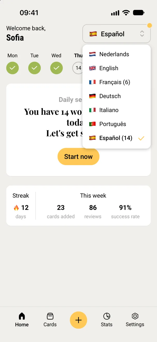 Repi language selector on Home listing Dutch, English, French, German, Italian, Portuguese and Spanish with card counts.