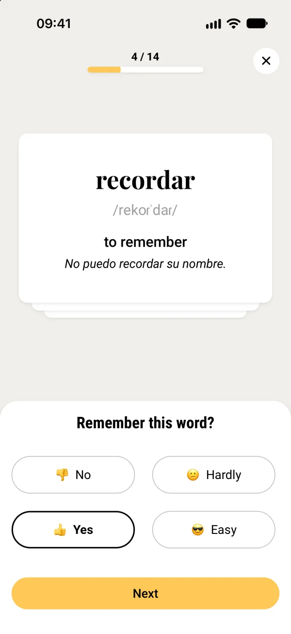 Repi review screen asking whether you remember the Spanish word recordar, with answers No, Hardly, Yes and Easy.
